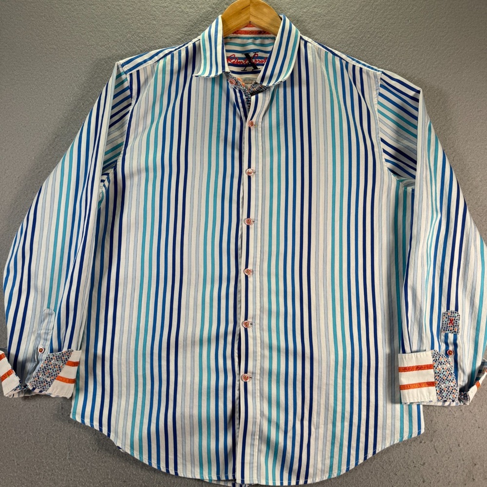 Robert Graham Button Up Shirt Mens XL White Blue Slim Fit Collectors Loud Casual